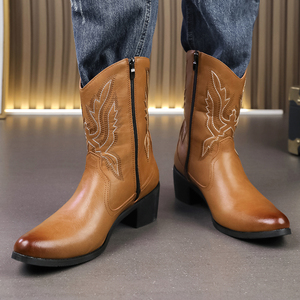 Bottes en cuir pour homme, style décontracté, bottes de chevalier vintage brodées, bottes de cowboy western à bout pointu, bottes pour hommes - Product Image 4