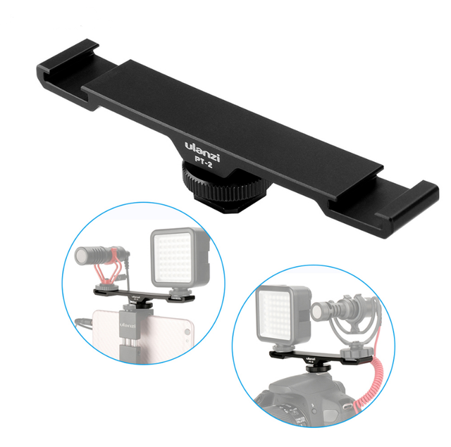 Ulanzi PT-2 Metal Cold Shoe Plate Universal 2 Hot Shoe Mount Extension Bar Dual Bracket 1/4" Thread for Microphone/ Light