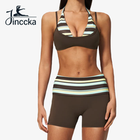 Ensemble short de sport rayé contrastant respirant écologique à séchage rapide pour femme, avec soutien-gorge de yoga dos nu à double couche et col en V à nouer