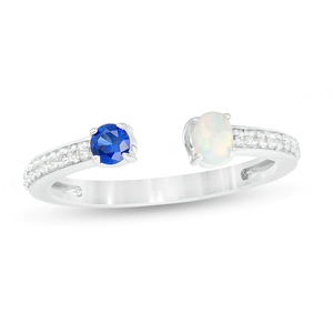 Bague ouverte en argent sterling S925 avec opale ovale de laboratoire, saphir bleu et CZ, design simple, bijoux pour femmes - Product Image 1