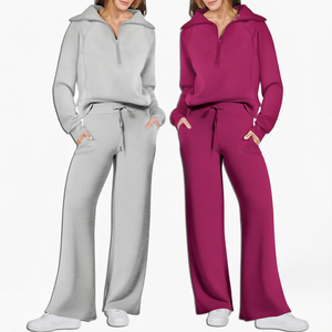 Ensemble de survêtement décontracté deux pièces pour femme, vente en gros OEM : Sweat-shirt zippé oversize + pantalon de survêtement ample à jambes larges - Product Image 1