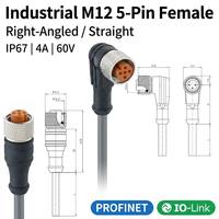 Kabel Set M12 5 Pin Female Lurus/Sudut Kanan IP67 Tahan Air Konektor Berlapis Emas PROFINET IO-Link Inti Tembaga 1m 60V PUR/PVC