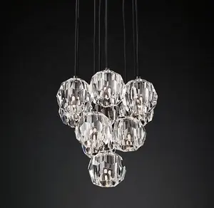 Hotel de luxo Pingente Luz Moderna Cristal Pendurado Luzes Latão Boule De Cristal Round Cluster Chandelier