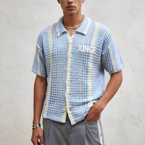 Suéter de punto abierto de algodón 100% personalizado al por mayor, camisa de malla de verano y primavera, prendas de punto a rayas de manga corta, OEM de alta calidad - Product Image 1