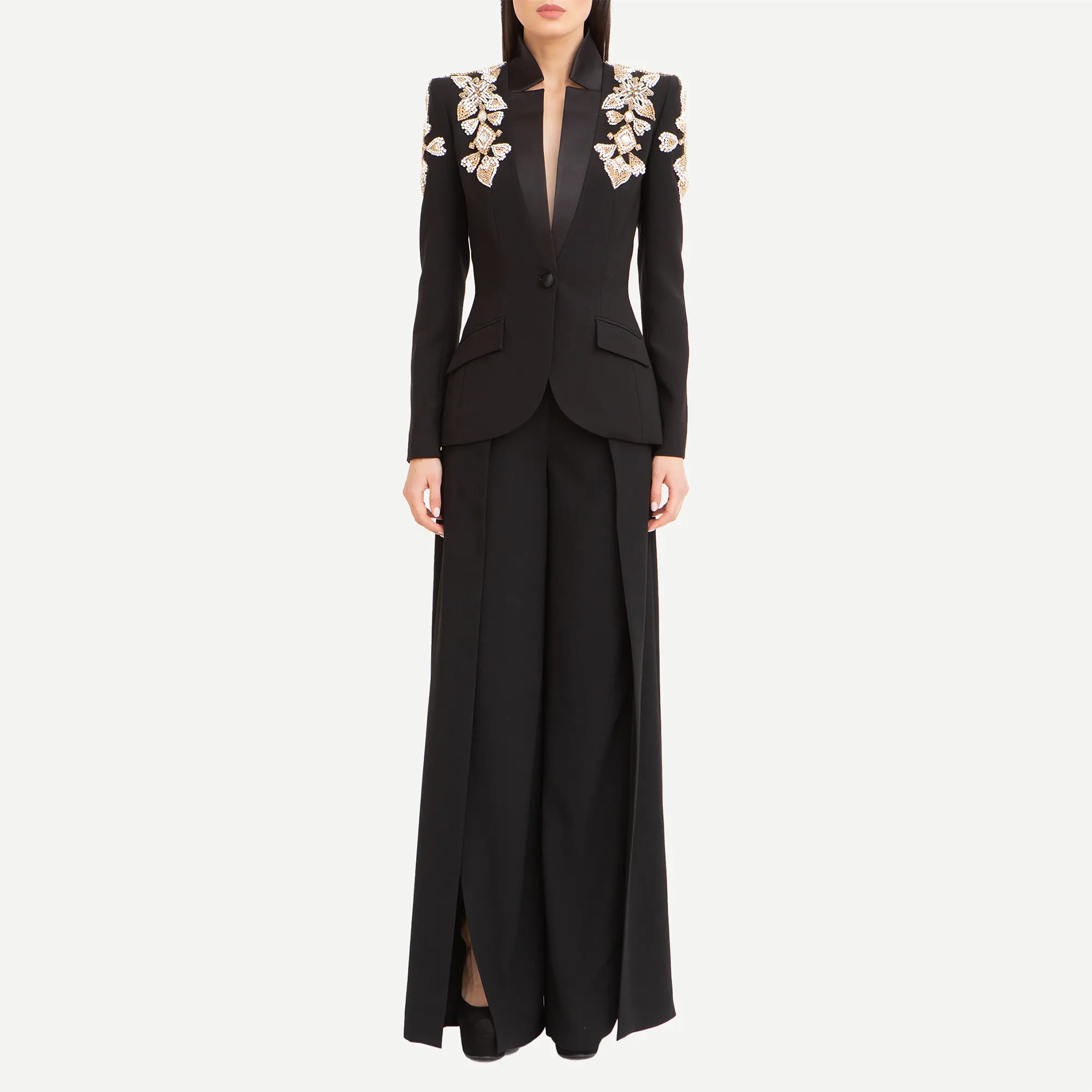 Conjunto de traje de diseñador de alta calidad, chaqueta negra de lujo con diamantes y pantalones de campana divididos, conjunto de dos piezas, trajes de pantalón