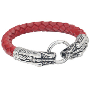 Double Head Dragon <b>Leather</b> <b>Bracelet</b> 8mm Stainless Steel Animal Pattern Fashion Jewelry Gift - Product Image 1