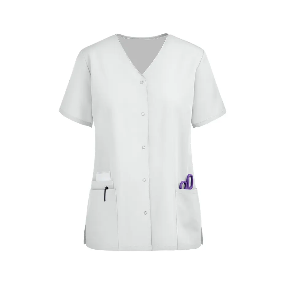 Comfortable polyester cotton fabric front snap closure nursing short sleeve nurse scrubs uniform top
