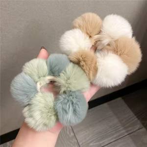 Mignon <span class=keywords><strong>vrai</strong></span> lapin en peluche boule cheveux chouchous couleur mélangée élastique élastique bandeaux pour les filles - Product Image 5