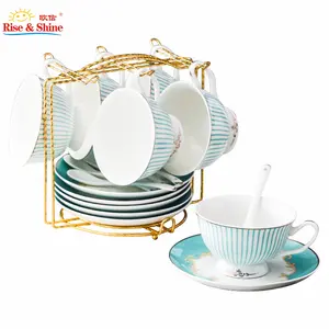 Decalque em 12 peças conjunto de copo e molhador, conjunto china com copo de osso fino e chá molhado com aro dourado, leitor de porcelana, chá e restaurante