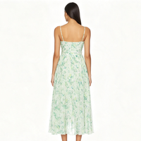 Robe midi plissée vert floral pour femme, col cœur, bretelles spaghetti, jupe fluide, tenue de soirée d'été élégante et vintage