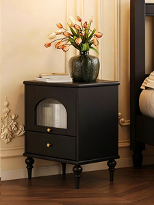 Premium Black Solid Wood Nightstand French Vintage Fluted Glass Door 2-tier Storage Bedroom Furniture Stable Turned Legs <b>Bedside</b> - Product Image 4