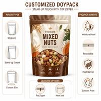 Op maat gemaakte Doypack staande zak met bovenrits voor noten, pinda's, walnoten, cashewnoten, gedroogd fruit, voedselverpakking, Mylar zak
