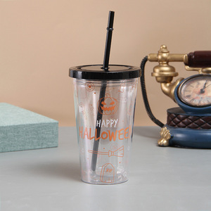 450ml Trick Or Treat Skull Cross Tomb Bat Print Double Wall Clear Plastic Tumbler with Black Flat Lid & Matching Black Straw - Product Image 2