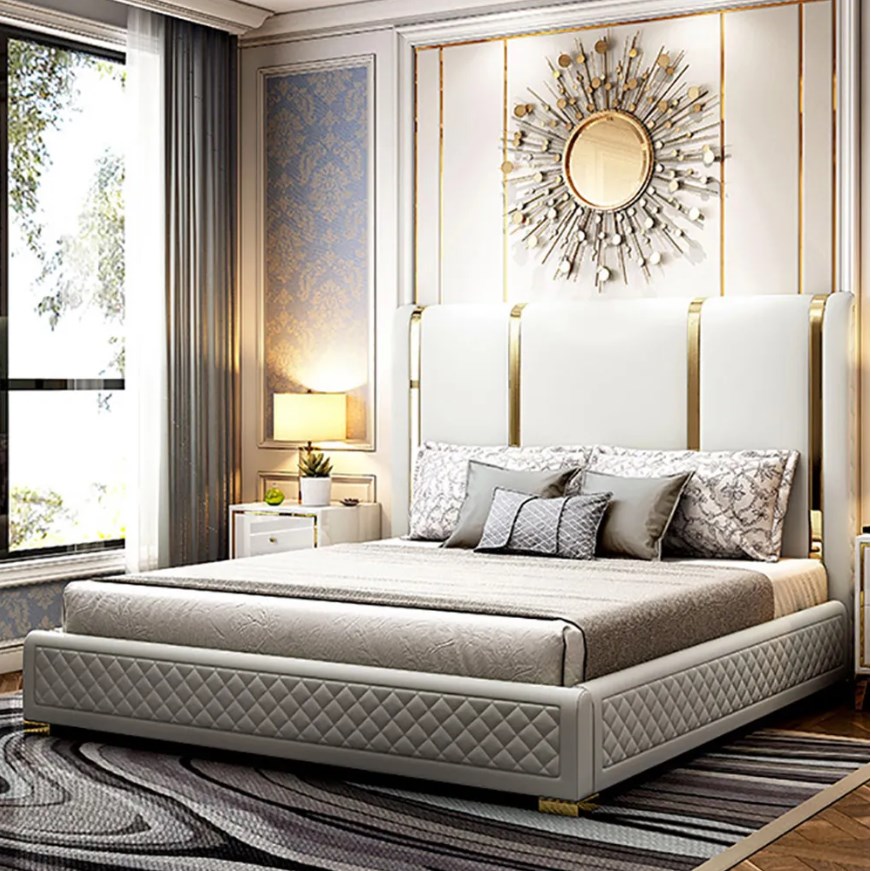 Modern polished gold and faux leather headboard Included upholstered king bed