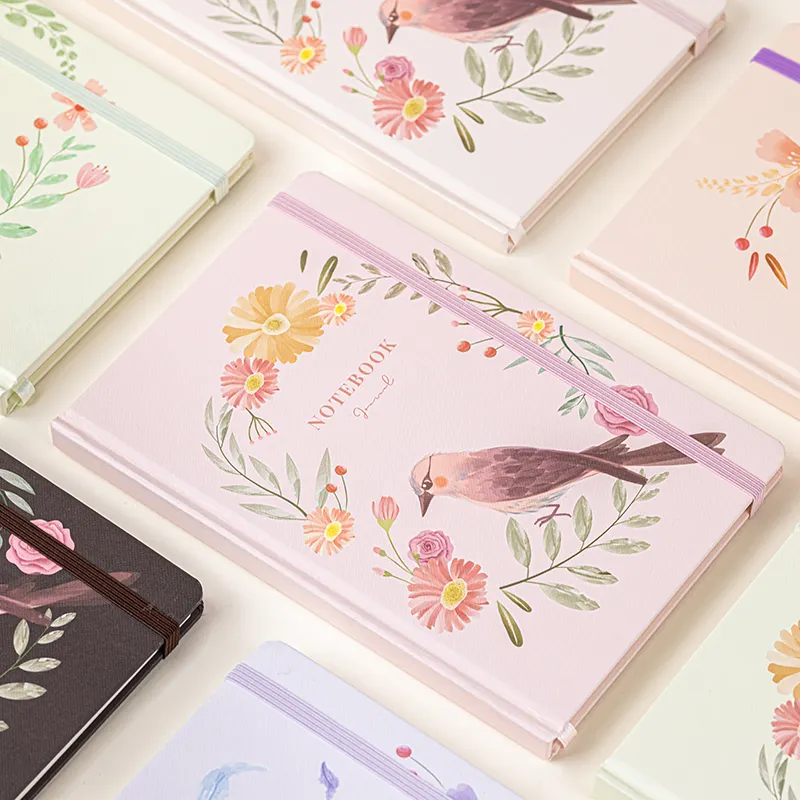 Cuaderno Kawaii de flores y pájaros con logotipo personalizado para mujer, libreta de notas con estampado de animales, cubierta dura A5 con cierre elástico