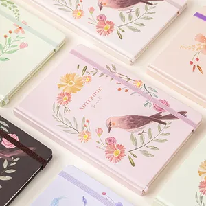 Women's Gift Kawaii Cute Custom Logo Flowers Birds Animal Notebook Note Book Printing Hard Cover A5 With Elastic Closure