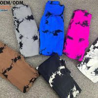 Damen Yoga-Hose mit hohem elastischem Bund, Batik-Print, knöchellang, aus Spandex/Nylon, gerippte Kanten, pfirsichfarben, Bauchkontrolle, Shapewear