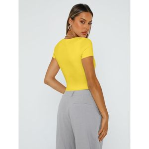Haut court à col carré pour femmes, manches courtes, en coton et spandex, tricoté, respirant, pour le printemps et l'été, pour l'entraînement et les sorties - Product Image 5