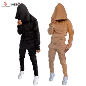 Hoodie dan Celana Training Katun Custom Logo 3D Puff Print, Setelan Olahraga Pria, Setelan Jogger - Product Image 1