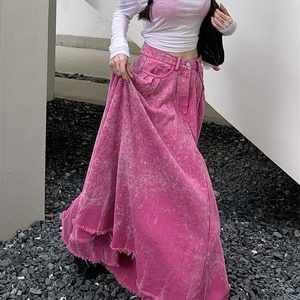 Latest Design Custom Logo Vintage Washed Casual Denim Skirt Pink Color Women Long <b>Jean</b> Women <b>Jean</b> Skirts - Product Image 3