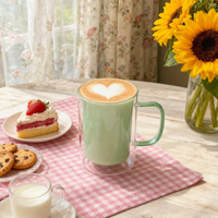 Mug en verre borosilicate à double paroi Sunyo 350 ml, résistant à la chaleur, couleur personnalisable, compatible lave-vaisselle et micro-ondes, fait main