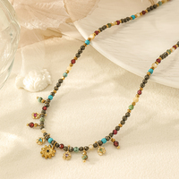 Collier ras du cou bohème pour femme avec perles de pierres précieuses, breloques fleurs, en acier titane plaqué or, pyrite et grenat