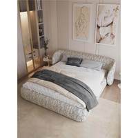 Lit |   Lit double de style italien, luxe léger, enveloppant, en tissu, vintage, pour chambre principale, grand format, style crème, mi-siècle, simple et moderne.