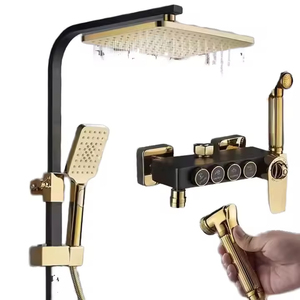 Système <span class=keywords><strong>de</strong></span> <span class=keywords><strong>douche</strong></span> <span class=keywords><strong>de</strong></span> pluie murale moderne noir et or robinets thermostatiques à main et coulissants en laiton avec noyau <span class=keywords><strong>de</strong></span> valve en céramique - Product Image 2
