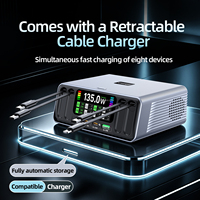 Chargeur rapide GaN PD QC 165W à 8 ports avec écran couleur numérique et câble Type-C rétractable, ignifuge, pour ordinateur de bureau et téléphones mobiles