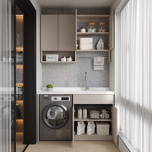 Mueble de lavadora de aluminio personalizado de titanio italiano para balcón con lavabo alto y bajo y tabla de lavado - Product Image 2