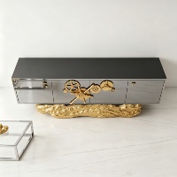 Meuble TV de luxe moderne avec poignée rotative, en acier inoxydable, grande capacité, base sculpturale dorée, pour salon et hôtel