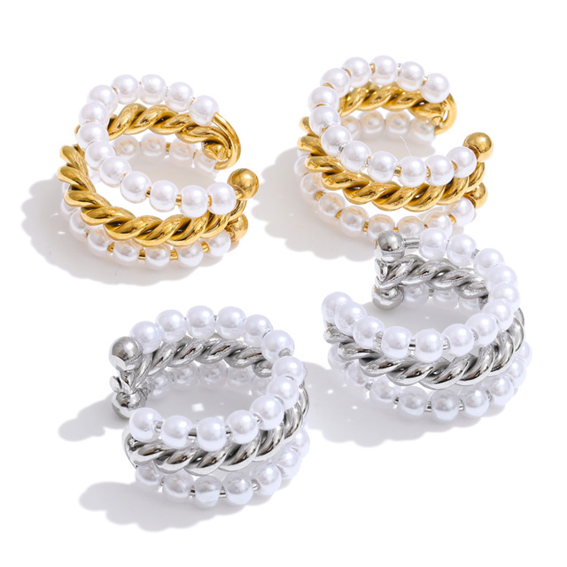 JINYOU 1709 Elegant Stainless Steel Gold Plated Twisted Hoop Ear Cuff with Simulated Pearl 18MM No Piercing Adjustable Earrings