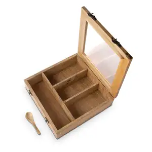लकड़ी की चाय बॉक्स भंडारण छाती आयोजक कंटेनर धारक रैक चाय के बर्तन के लिए 4 बड़े भंडारण डिब्बों के साथ लकड़ी के बॉक्स
