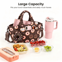 Sac à déjeuner isotherme mignon pour femme en polyester, pliable, imperméable, 13L, avec bandoulière, grand porte-bouteille, pour le travail, les pique-niques et le quotidien