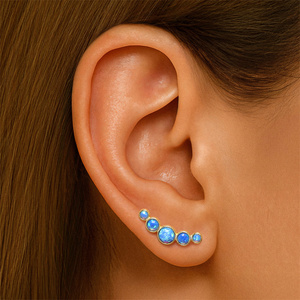 Boucle d'oreille à clip en argent sterling 925 plaqué or 18 carats avec opale bleu foncé ronde pour femme, pièce unique - Product Image 5