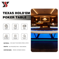 Mesa de Póker LED Personalizada YS OEM con Pedestal Dividido, Fieltro Azul y Negro, Rieles Crema, Soportes Dorados, para 8 Jugadores, Baccarat, Casino