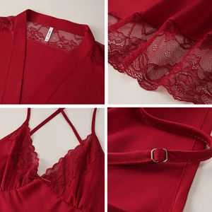 Conjunto de Pijama de Dos Piezas para <span class=keywords><strong>Mujer</strong></span>, Camisola de Encaje Simple y Transpirable de Satén con Cuello en V, Sexy y Personalizado para el Verano - Product Image 3