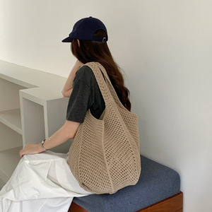 <span class=keywords><strong>Sac</strong></span> fourre-tout portable en tricot, grande capacité, tissé au crochet, ajouré, en maille, pour le shopping et les vacances - Product Image 4