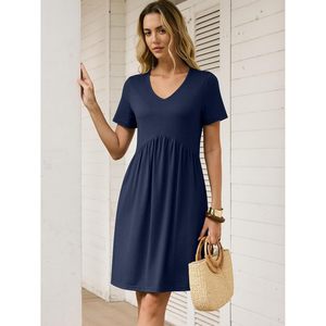 Summer <b>Dress</b> Women Short Sleeve V Neck A Line Casual Beach Vacation Outfits Breathable Woven Fabric <b>Elastic</b> Waist - Product Image 2