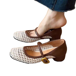 Zapatos Mary Jane Vintage con Punta Cuadrada y Diseño Tejido, Sandalias de Tacón Grueso con una Sola Tira para Mujer, de PU Suave y Cómodas para Primavera/Verano - Product Image 1