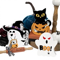 Lot de 3 décorations de table en bois pour Halloween : fantôme, chat noir, citrouille, panneau 'Boo', ornement sur pied