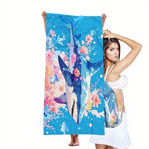Serviette de plage rectangulaire 2-en-1 absorbante, très vendue pour l'été, avec sac de rangement intégré, motif requin et floral - Product Image 1