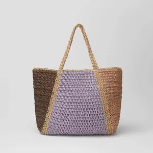 Nouveau femmes paille tissé sac à la main rotin paille papier sac violet contraste couleur été sacs de plage