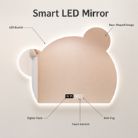 Cermin LED Bentuk Beruang Lucu dengan Kontrol Sentuh, Anti Kabut, Dilengkapi Jam, Pintar, Terpasang di Dinding, untuk Kamar Bayi/Kamar Mandi