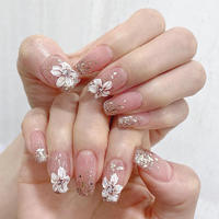 24 faux ongles à presser personnalisés, style français, forme amande courte, motif floral 3D, avec colle, marque privée