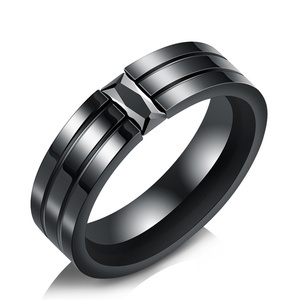 Anillo de Titanio Negro para Hombre, Banda Acanalada con Circonita Negra Cuadrada, Anillo de Boda Minimalista, Anillo de Moda Casual para Hombre - Product Image 1