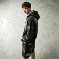 Ensemble de survêtements amples pour hommes en coton imprimé délavé, 2 pièces : short et sweat à capuche