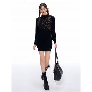 2024 femmes confortable <span class=keywords><strong>noir</strong></span> printemps demi-hauteur col rond <span class=keywords><strong>pull</strong></span> <span class=keywords><strong>robe</strong></span> brodé conception motif tricoté mi-longueur <span class=keywords><strong>robe</strong></span> - Product Image 1