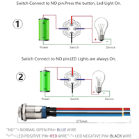 Sakelar Tombol Tekan Logam 12mm, Kepala Tinggi, LED Simbol Daya Biru, 12V DC, 1NO Sudah Terpasang Kabel