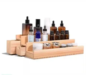 Bambus 3. Stufe Ätherische Öle Cologne Flasche Auslage Stand Holz Parfüm-Organisator mit Schublade Badezimmer Make-up-Aufbewahrung